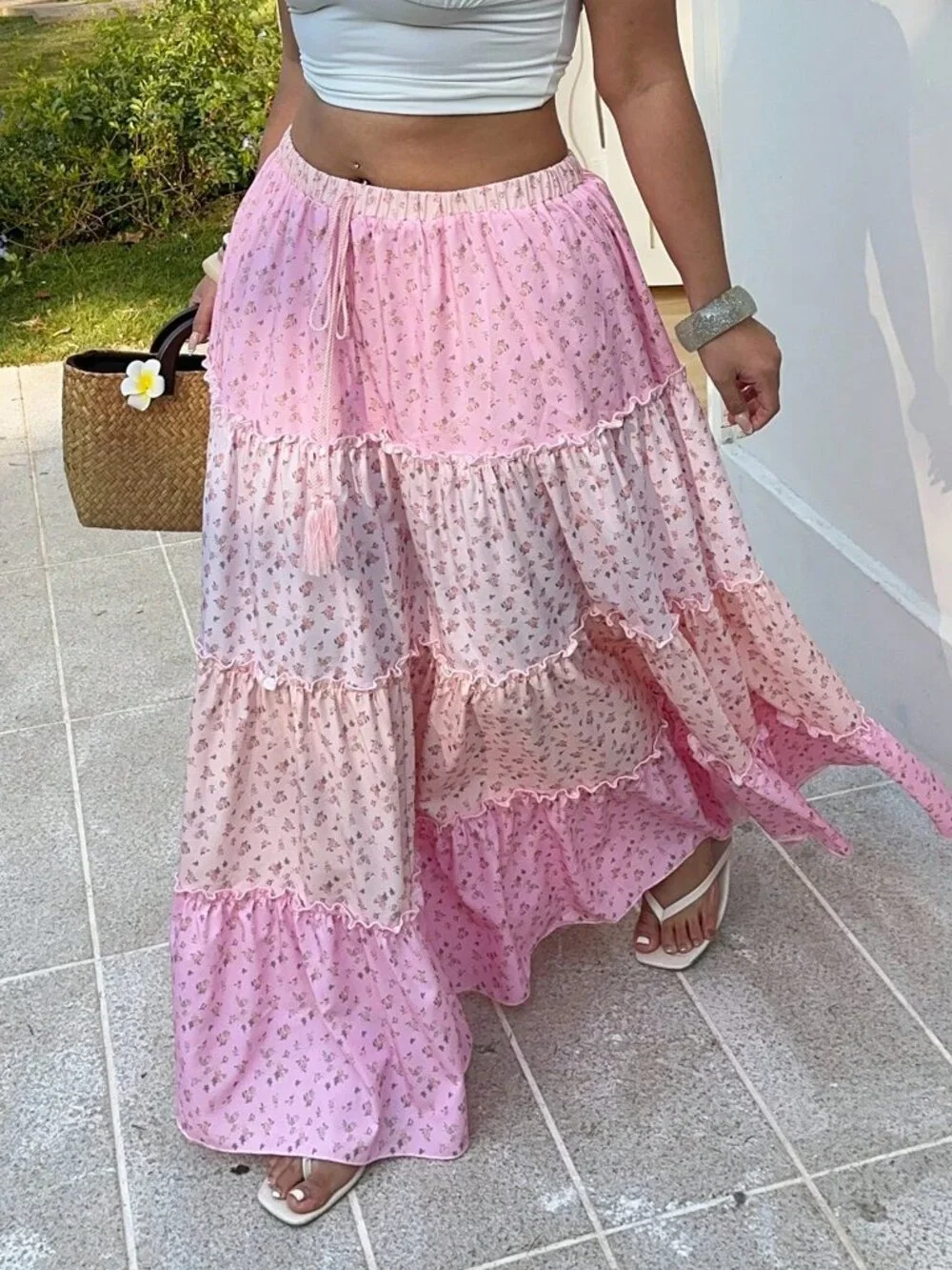 Multicolor Boho Women's Plus Size Floral Picnic Maxi Skirt with Layered Ruffle